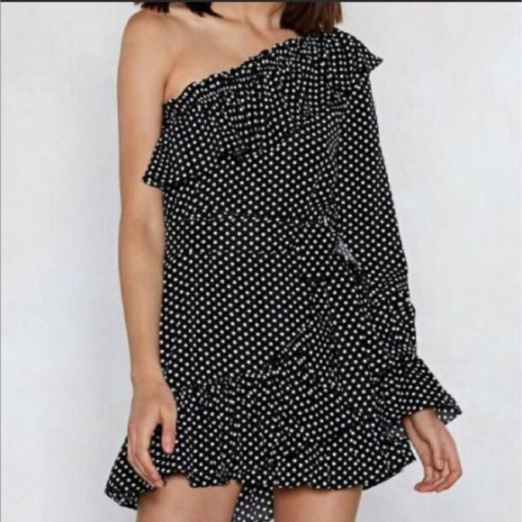 Nasty Gal Collection Womens Ruffle One Shoulder Polka Dot Dress Black Sz 4 - Picture 4 of 9